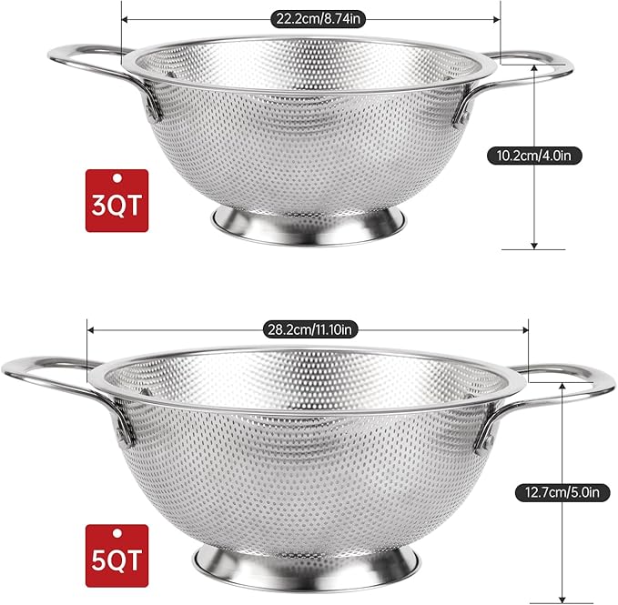 Premium Stainless Steel Colander for Kitchen, Food Strainer Basket with Handle and Solid Ring Base for Fruits Vegetables Rice and Pasta, Dishwasher Safe (5QT)