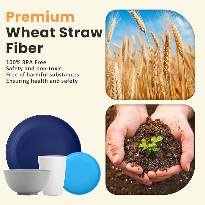 Homienly 32 PCS Plates and Bowls Sets, Unbreakable Wheat Straw Dinnerware Set, Microwave and Dishwasher Safe Dinnerware Sets, LIghtweight Dish Set for KItchen, Camping, Party - Island Series