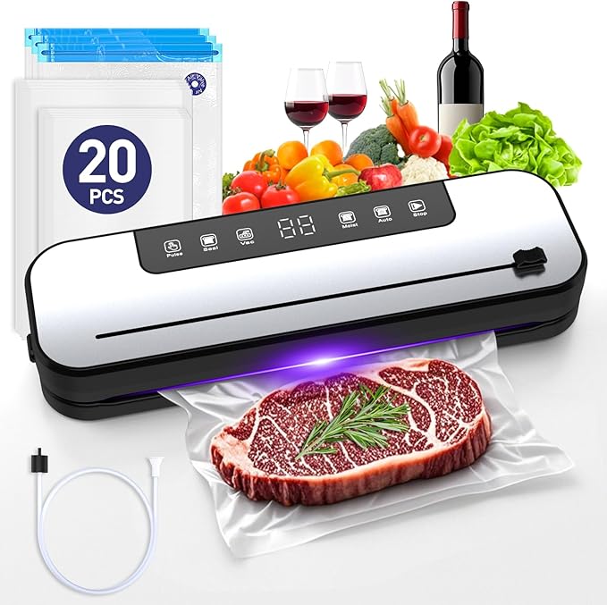 Food Vacuum Sealer Machine, 75kpa Powerful Food Saver Vacuum Sealer Machine with Cutter, 6-in-1 Automatic Air Sealing for Food Storage, Sous Vide, Meat, Vegetables, Dry/Moist Modes