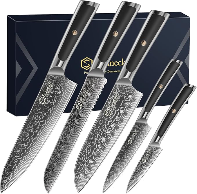 Sunnecko Damascus Kitchen Knife Set 5 Piece, Sharp Chef Knife Set Professional Kitchen Knives Sets Full Tang with Gift Box
