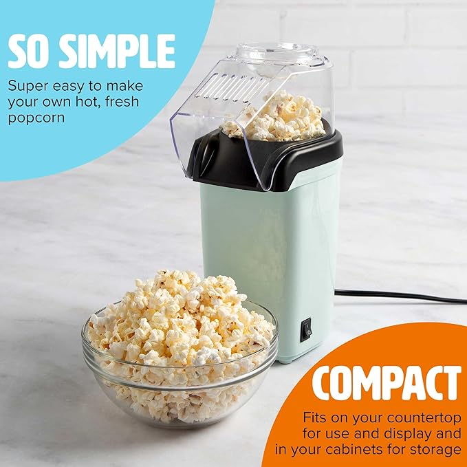Tasty Hot Air Popcorn Popper, Healthy and Delicious Popcorn in Minutes, Fast and Easy-to-Use, Built-In Measuring Cup and Butter Warmer, 8 Cups, Aqua