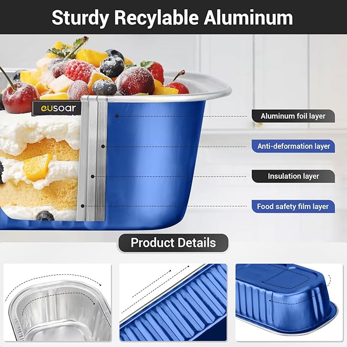EUSOAR Dessert Cups with Lids, 100pcs 6.8oz Aluminum Foil Mini Loaf Cake Pan Tin with Lids, Disposable Baking Cups Ramekins Creme Brulee Hoder Containers for Birthday Wedding Party -Royal Blue