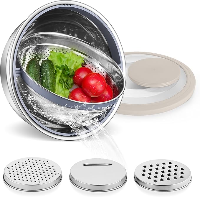 E-far Colander with Mixing Bowl Set, 4-1 Stainless Steel Colander Strainers Bowl with Graters for Kitchen, Rotatable Food Strainer Bowl for Rinsing Fruits Vegetables/Draining Pasta - Khaki