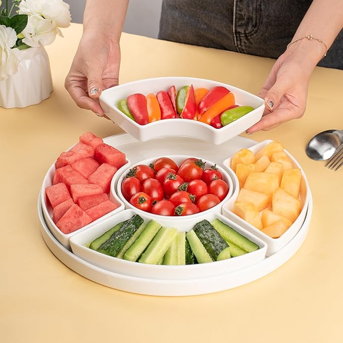 12.8" Serving Tray and Platters, Divided Serving Dishes, Serving Trays for Entertaining, Appetizer Serving Tray, 6 Removable Serving Dishes Set for Chips and Dip, Veggies, Candy and Snacks, White