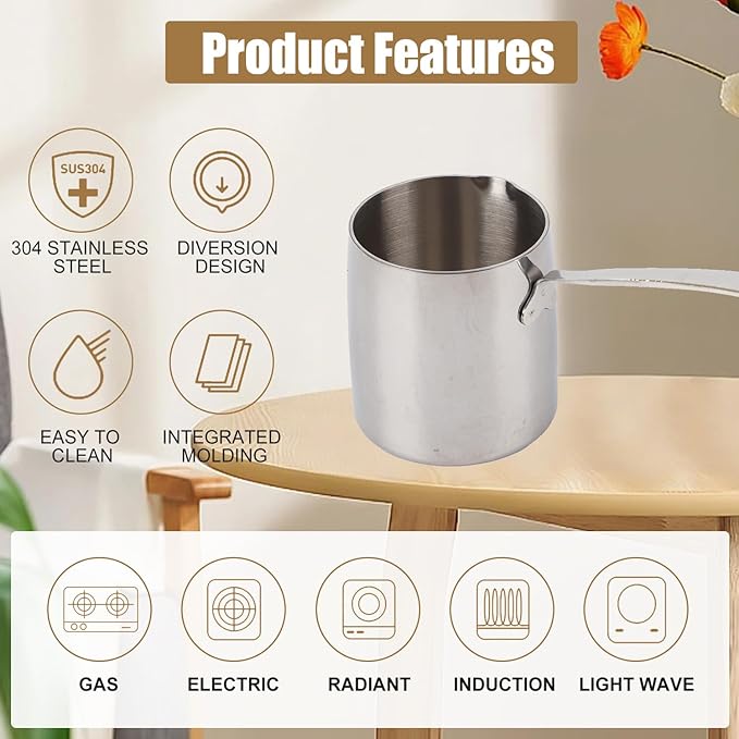 Stainless Steel Butter Warmer Pot with Scale Marks - 900ml/30.42oz Milk Heating Pot for Chocolate, Coffee, Tea - Multi-Layer Melting for Kitchen, Stovetop Safe(900ML)