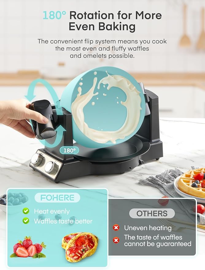 FOHERE 2-in-1 Waffle Maker & Omelette Maker, 1400W Double Belgian Waffle Iron 180° Flip, Adjustable Browning Control, Rotating & Nonstick Pans, Removable Drip Tray, Cool Touch Handle (Mint Green)