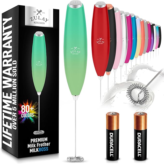 Zulay Kitchen Milk Frother Handheld Electric Whisk with AA Duracell Batteries – Durable Drink Mixer for Coffee, Lattes, Cappuccinos & More - Ocean