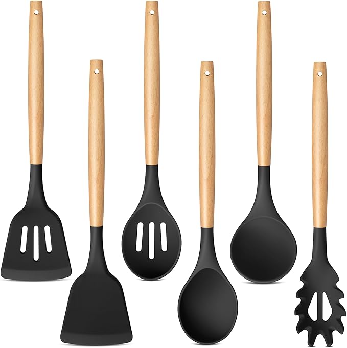 TeamFar Silicone Cooking Utensils Set of 6, Kitchen Utensils with Wooden Handles, Slotted Turner, Soup Ladle, Spoon for Non-stick Cookware, Heat-Proof, Non-Scratch, Black