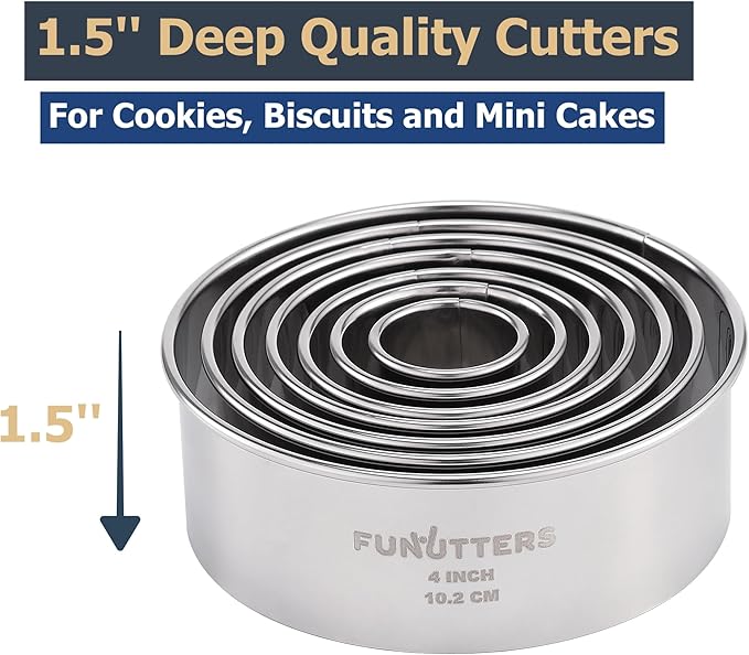 Cookie Cutters Set, 7 Pc. Kit, Measuring 1'', 1.5'', 2'', 2.5'', 3'', 3.5'', and 4'', Round Metal Baking Rings for Pastry, Biscuits, and Dough Cutting, Heavy Duty and Reusable, Multiple Sizes