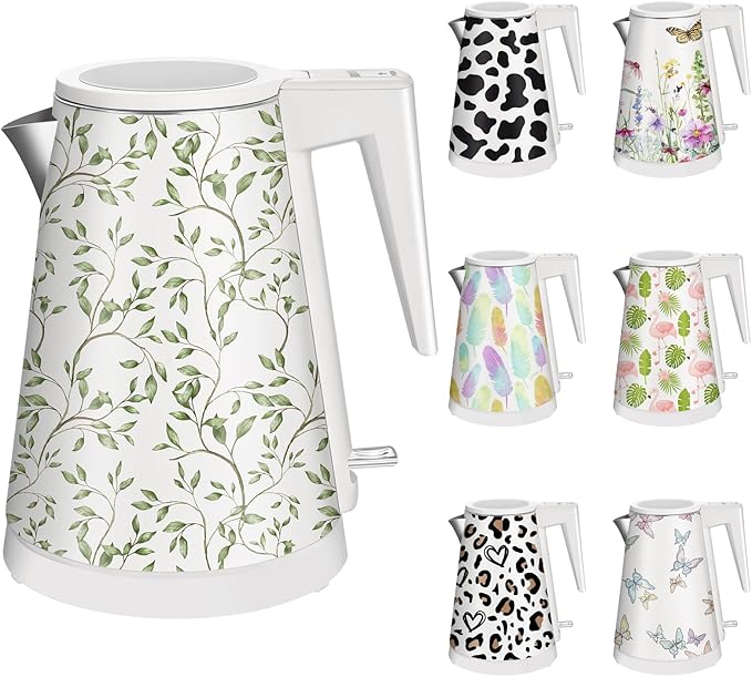 1.2L Double Wall Stainless Steel Interior Water Boiler, Cordless, 1000W Fast Boil with LED Light Coffee Pot & Tea Electric Kettle, Auto Shut-Off and Boil-Dry Protection (Green Vines)