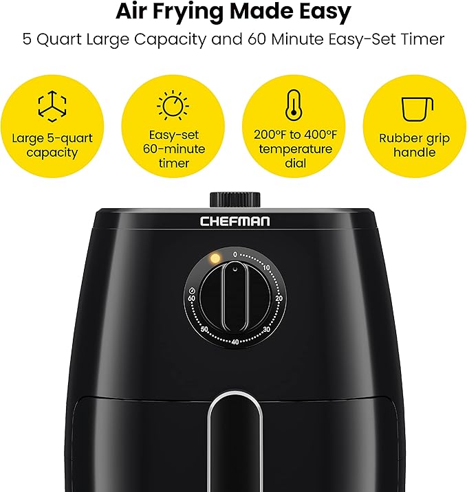 Chefman TurboFry 5-Quart Air Fryer, Integrated 60-Minute Timer for Healthy Cooking, Cook with 80% Less Oil, Adjustable Temperature Control, Nonstick Dishwasher-Safe Basket and Tray, Black