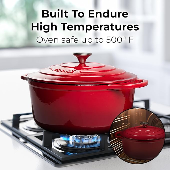Zulay Kitchen 5 Quart Enameled Cast Iron Dutch Oven with Lid,Silicone Trivet & Heat Pad – Premium Durability & Oven Safe up to 500°F– Heavy Duty Cookware Perfect for Bread Baking, Stews, Braising & Roasting – Red