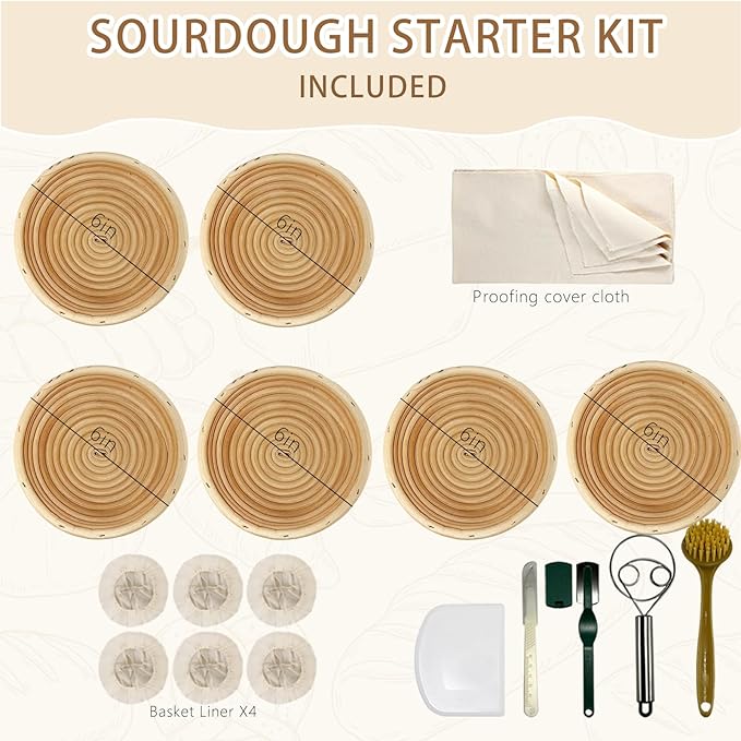 Natural Unbleached Banneton, Sourdough Bread Proofing Basket Kit, 6x 6 Inch Round Mini Basket with BreadMaking Baking Supplies Tools, Banneton Basket Gift Set - Primary Color