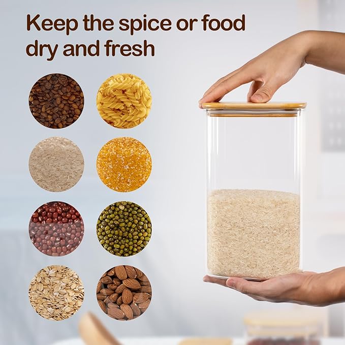 156oz 52oz Airtight Glass Square Storage Canister with Bamboo Lid Set of 2(4600ml*1 1550ml*1) Large Gallon Glass Jars for Sugar, Flour, Cookies and Coffee beans (with Black Lable)