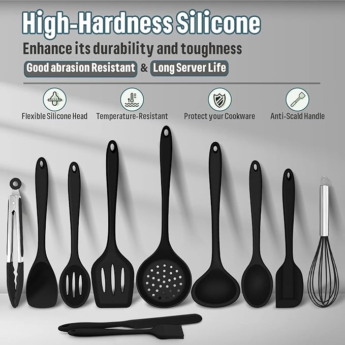 Silicone Kitchen Utensils Set, E-far 23 Pcs Black Cooking Utensils Tools with Holder for Nonstick Cookware, Include Spatula/Spoon/Ladle/Tongs/Turner, Heat Resistant & Nontoxic, Dishwasher Safe