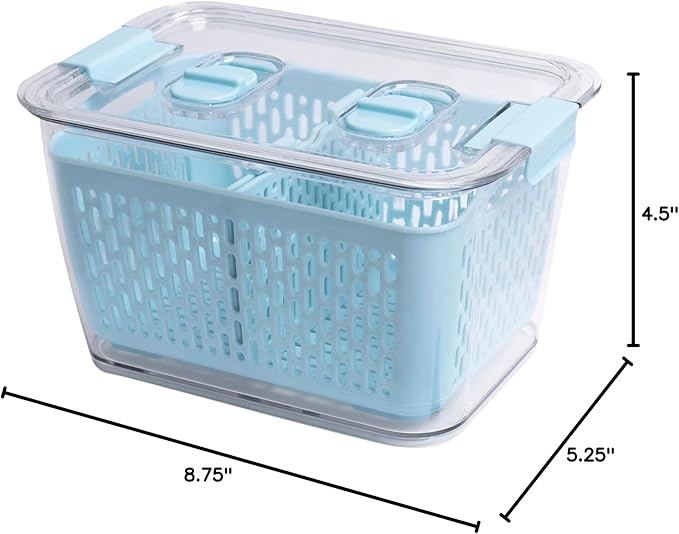 Kitchen Spaces Colander Bin, Produce Saver, Fridge Organizer With Lid, Wash, Strain and Store, Great for Refrigerator, Freezer and Pantry, Medium, Blue, Pack of 1