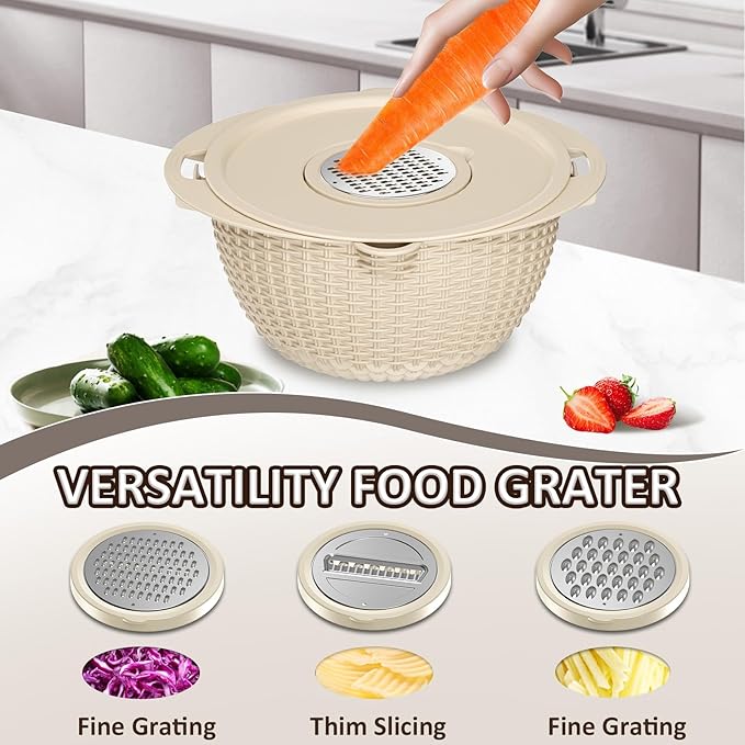 Colanders, 4-1 Colander with Mixing Bowls Set, Strainers for Kitchen, Food Strainers with Grater, Kitchen Gadgets Strainer Basket for Draining Pasta, Vegetable, Fruit & Veggie Washerl,Beige