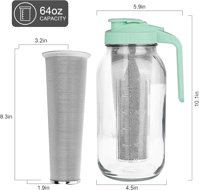 Cold Brew Coffee Maker,64 oz Wide Mouth Mason Jar Pitcher with Stainless Steel Filter, Pour Spout Handle Lid, Heavy Duty Glass Airtight & Leak-Proof Pitcher for iced coffee & Tea Lemonade-Green