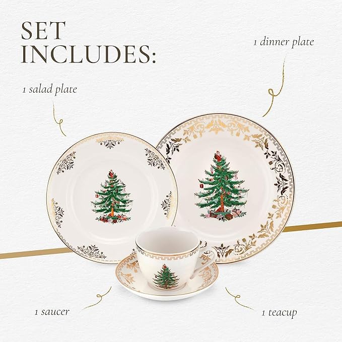 Spode Christmas Tree Gold 4-Piece Holiday Dinnerware Set - Fine Earthenware Tableware with 22K Gold Accents - Dinner Plate, Salad Plate, Teacup, Saucer - Festive Christmas Tableware, Dishwasher Safe