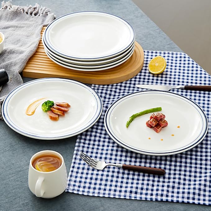 10.5-inch Porcelain Dinner Plate Set of 6 - Microwave, Oven and Dishwasher Safe, Scratch Resistant. (Classic Blue)