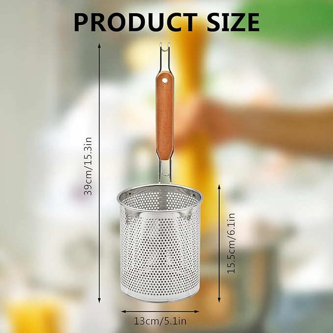 Stainless Steel Pasta Strainer, 2pcs Micro-Perforated Food Dumpling Noodle Strainer with Wood Handle Straining Noodles Pasta Baskets
