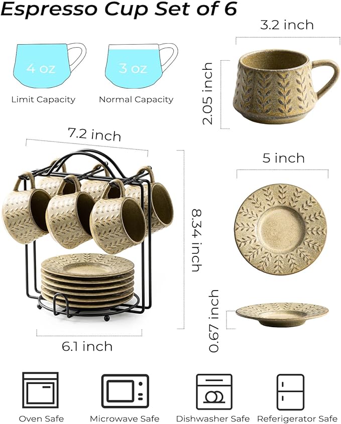 Espresso Cups Set with Saucer and Metal Stand, Porcelain Small Demitasse Cups Cappuccino Cups for Espresso, Latte, Cafe Mocha, Cappuccino, and Tea, 4 oz, Set of 6, Yellow