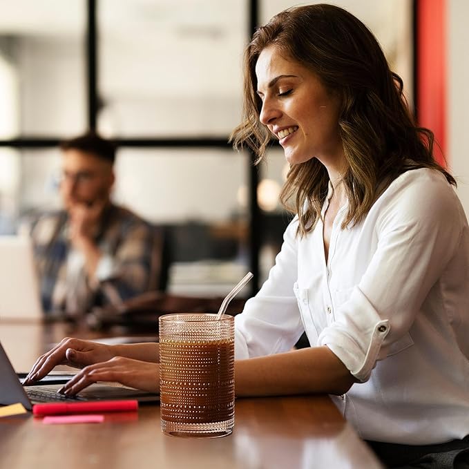 15 Oz Glass Cups with Lids and Straws, Vintage Embossed Glassware for Whiskey Cocktail Beer, Iced Coffee Cup with Lid (4 PACK)