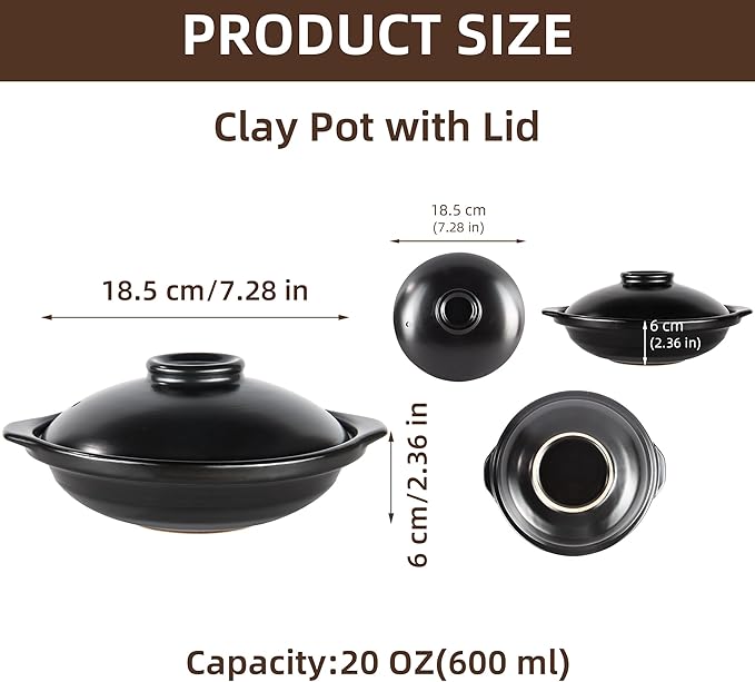 Ceramic Cooking Pot Clay Pot with Lid Heat-resistant Shallow Casserole, Paella Pan for Kitchen - 20 oz, Dishwasher Safe