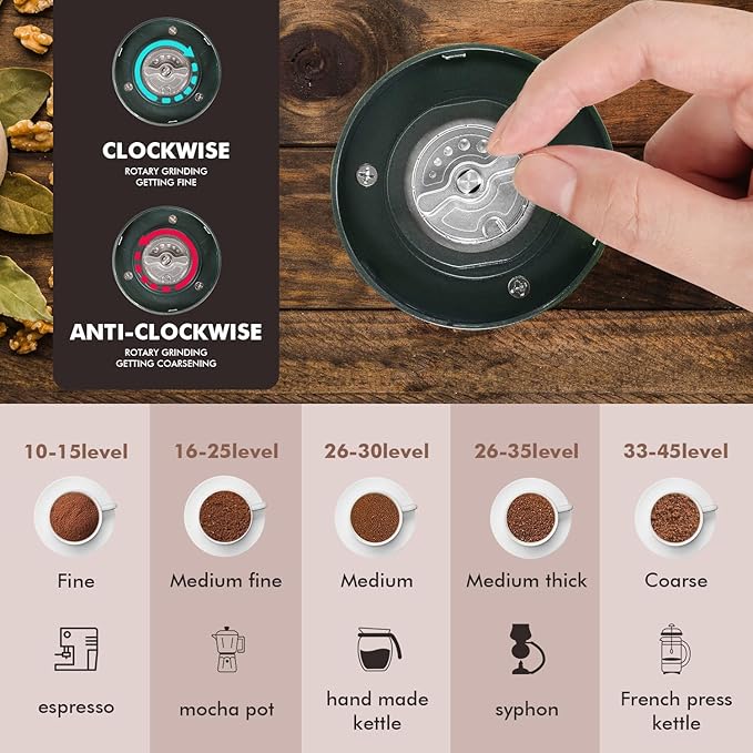 Portable Electric Coffee Grinder Stainless Steel Conical Burr Coffee Grinder with 45 Adjustable Settings Rechargeable Coffee Bean Grinder for Home, Travel, Camping, Office-Dark Green