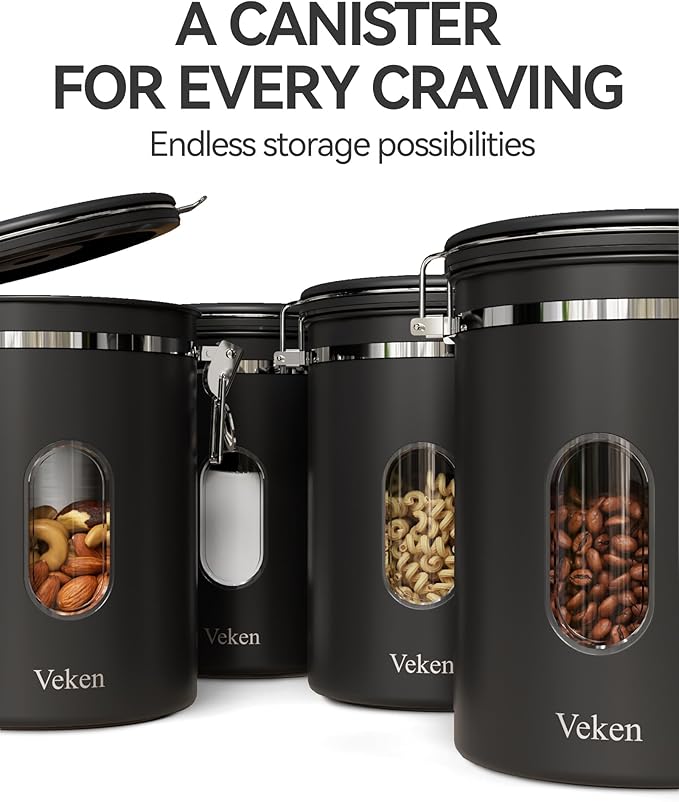 Veken Coffee Canister with Window, Airtight Stainless Steel Kitchen Food Storage Container with Date Tracker and Scoop for Grounds Coffee, Beans, Tea, Flour, Cereal, Sugar, 38&16OZ,Black