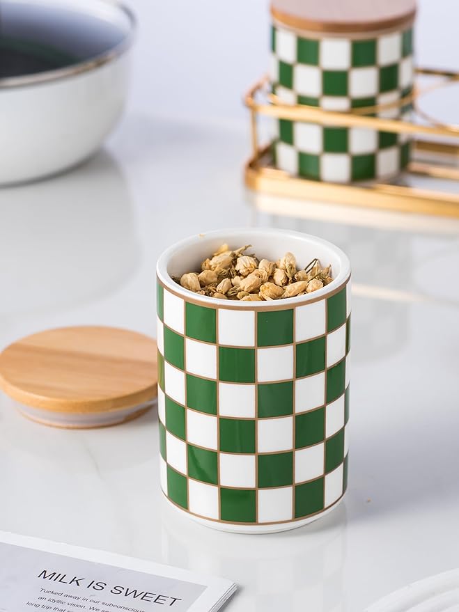 Kitchen countertop ceramic grid pattern airtight jar set - a set of 3 kitchen jars with layered shelves, sealed countertop flour and sugar containers, coffee and tea storage (Green)