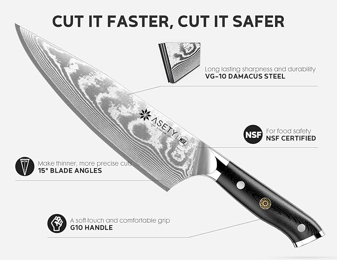 Damascus Chef Knife: 8-inch Razor-Sharp Japanese Chef Knife with VG10 Steel Core, Full Tang G10 Handle, NSF Food-Safe Professional Kitchen Knife with Sheath, Christmas Elegant Box