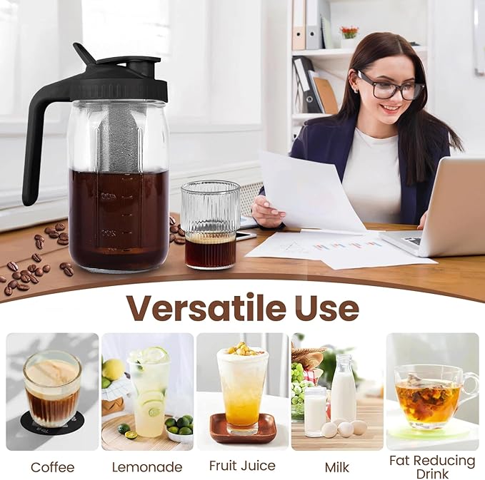 Cold Brew Coffee Maker,32 Oz Mason Jar Pitcher with Stainless Steel Filter, Pour Spout Handle Lid, Heavy Duty Glass Airtight & Leak-Proof Pitcher for iced coffee Tea Lemonade-Black