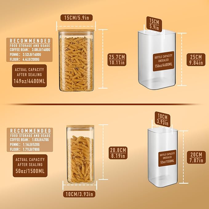 156oz 52oz Airtight Glass Square Storage Canister with Bamboo Lid Set of 2(4600ml*1 1550ml*1) Large Gallon Glass Jars for Sugar, Flour, Cookies and Coffee beans (with Black Lable)