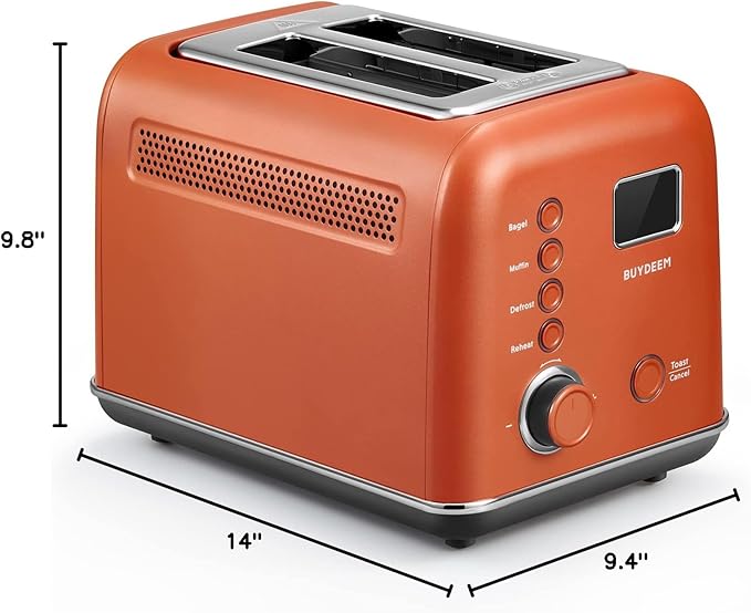 BUYDEEM DT730 Motorized Toaster, 2-Slice Smart Digital Leverless Toaster with LCD Countdown Timer, 9-Shade Settings for Toast, Bagels, Waffles, Muffins