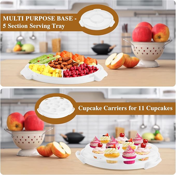 Cake Carrier with Lid and Handle, Multipurpose Cake Stand Fits 10 inch Cake, Cupcake Containers for 11 Cupcakes,Cake Holder Serves as Five Section Serving Tray, Portable Cake Carriers, White