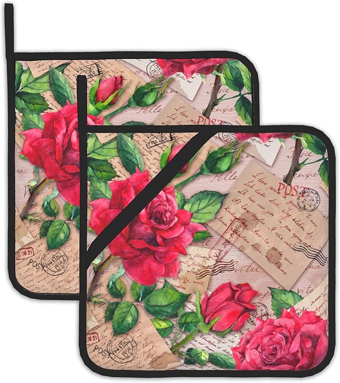 2 Pack Vintage Red Roses Pot Holders for Kitchen Heat Resistant, Potholders for Kitchens Washable for Cooking & Baking & Microwave