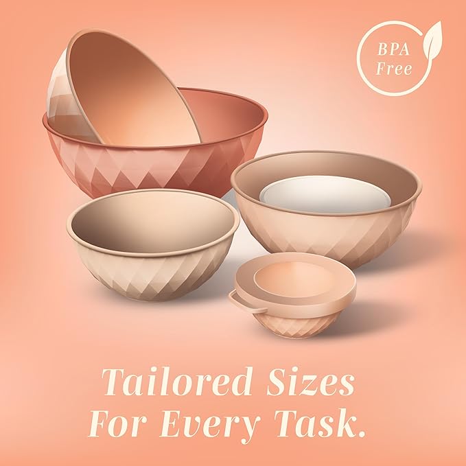 COOK WITH COLOR Mixing Bowls with Lids - 12 Piece Plastic Nesting Bowls Set includes 6 Prep Bowls and 6 Lids, Diamond Design - Microwave Safe (Mint)