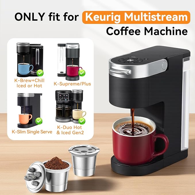 CAPMESSO Reusable K Cups for Keurig: 2025 Updated My K Cup Stainless Steel Coffee Pod Refillable Coffee Filters for K Supreme/K Slim/k-Duo Gen 2/K-Brew Chill with Multistream Technology (4 Pack)