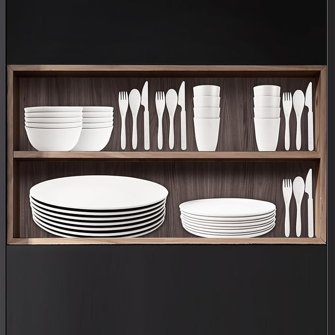 Wheat Straw Plate and Bowl sets with cups and cutlery set of 64 - Unbreakable Dinnerware service for 8 - Microwave and Dishwasher safe dish sets for kitchen,indoors and out doors.White