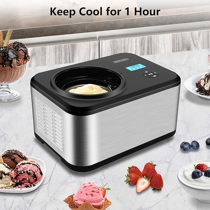 KUMIO 1.6-Quart Ice Cream Maker with Compressor, No Pre-Freezing, 4 Modes Ice Cream Maker Machine with LCD Display, Timer, Automatic Gelato & Yogurt Machine, Stainless Steel