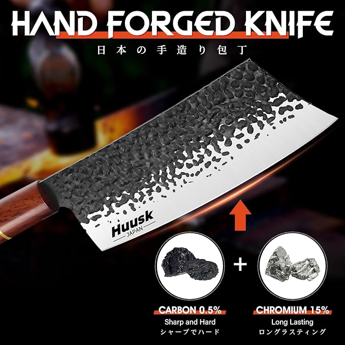 Huusk Japanese Cleaver Knife for Meat Cutting, 6.7 inch Hand Forged Chef Knife High Carbon Steel Sharp Kitchen Knife for Chopping Vegetable, Gift for Dad
