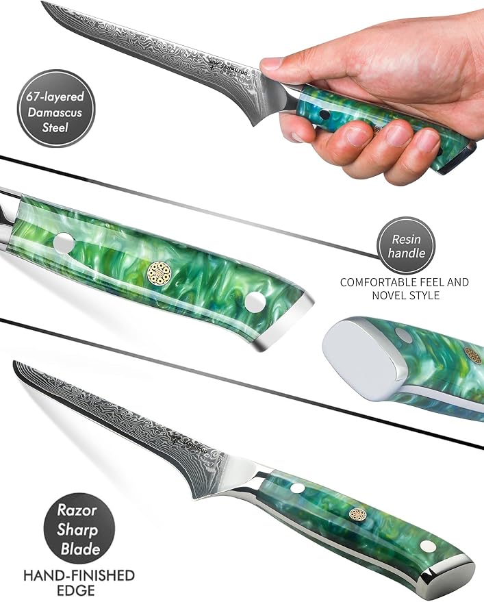 7 inch Fillet Knife, VG10 Damascus Steel Fish Boning Knife with Resin Handle - Xuan Series (Jade Green)