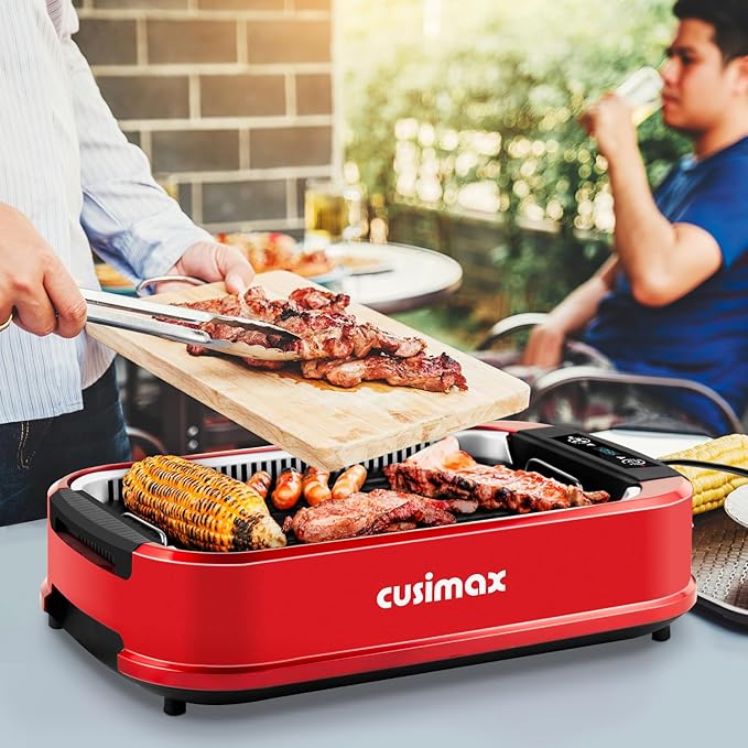 CUSIMAX Smokeless Indoor Grill, Electric Grill Griddle, 1500W Korean BBQ Grill with LED Smart Display & Tempered Glass Lid, Non-stick Removable Plate & Griddle Plate, Red