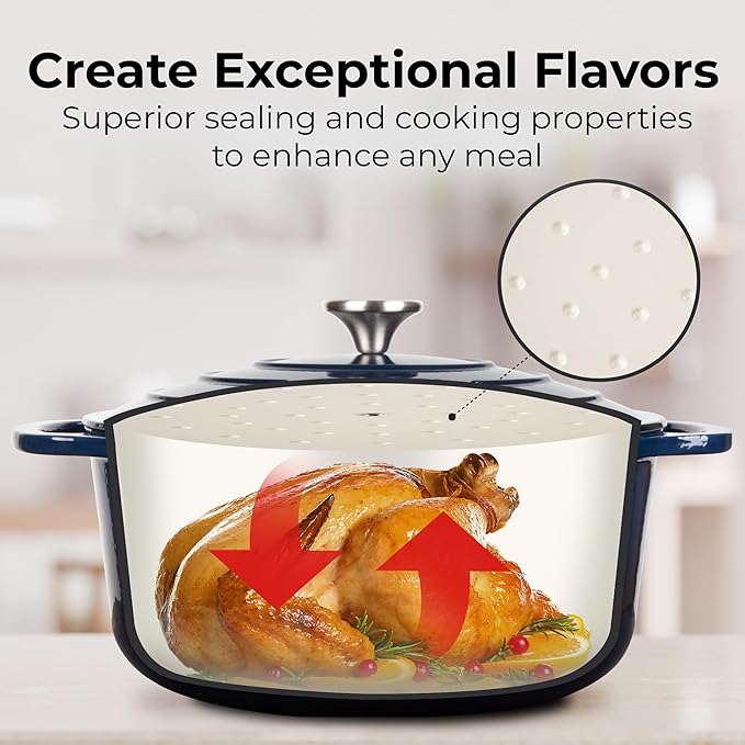 Zulay Kitchen 6 Quart Enameled Cast Iron Dutch Oven with Lid - Premium Durability & Oven Safe up to 500°F – Heavy Duty Cookware Perfect for Bread Baking, Stews, Braising & Roasting - Lapis Lazuli