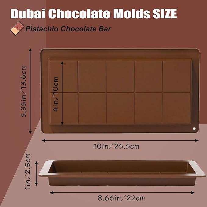2 Pack Deep Chocolate Bar Molds Silicone,Large Stuffed Dubai Pistachio Deep Bar Moulds Kit 1 Inch Thick Big,for Homemade Making Bar Candy Bar Bpa Free DIY.