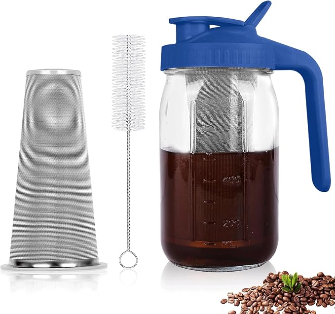 Cold Brew Coffee Maker,32 oz Mason Jar Pitcher with Stainless Steel Filter, Pour Spout Handle Lid, Heavy Duty Glass Airtight & Leak-Proof Pitcher for iced coffee Tea Lemonade-Blue