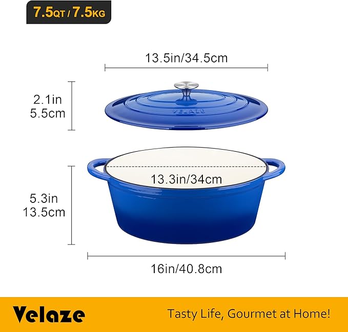 Velaze 7.5 QT Enameled Oval Dutch Oven Pot with Lid, Cast Iron Dutch Oven with Dual Handles for Bread Baking, Cooking, Frying, Non-stick Enamel Coated Cookware(Blue)
