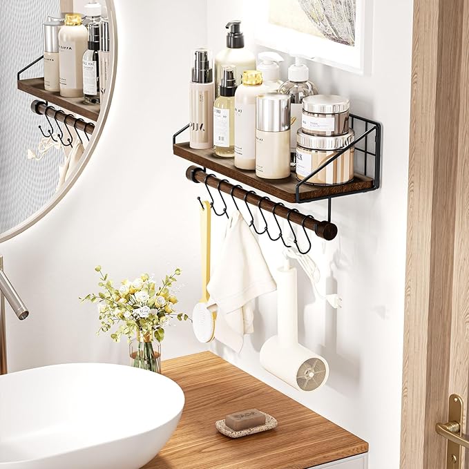 Alsonerbay Floating Shelf Wall-Mounted, Coffee Bar Shelf with Hooks and Towel Bar, Kitchen Shelves for Organizing Cooking Utensils and Mugs