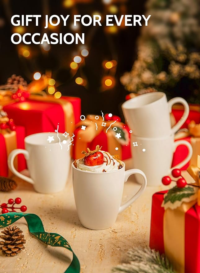 Sweese Porcelain Mugs - 12 Ounce for Coffee, Tea, Mocha and Mulled Drinks - Set of 6, White